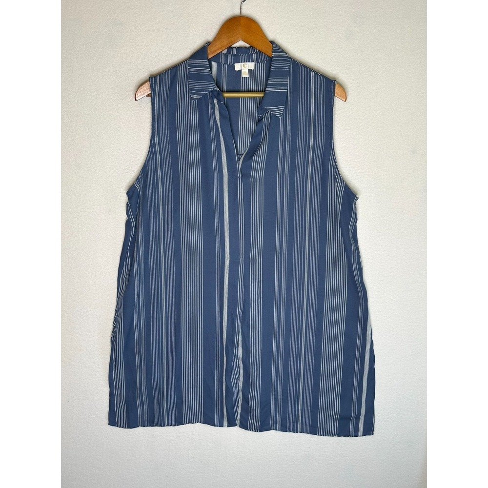 Charming Charlie Womens XL Sleeveless Striped V-Neck Collared Top Blue White